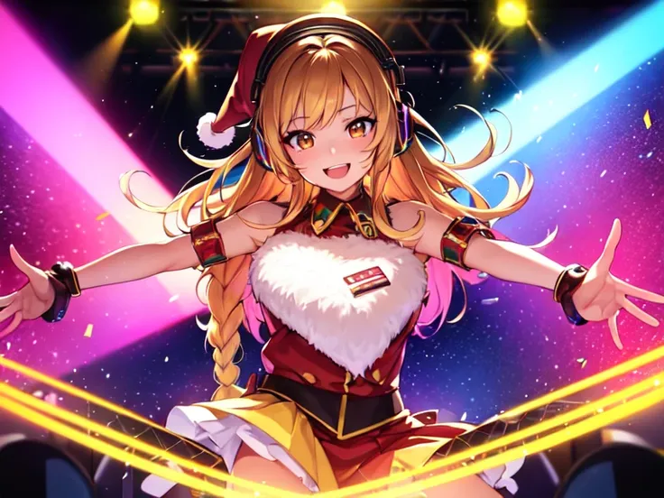 1_girl,solo, anime girl, santa dress, headphones,DJ turntable set,club lighting,stage,confetti,dancing,smiling,(best quality:1.2),(ultra-detailed:1.2),(realistic:1.37),HDR,vivid colors,portraits,headphone girl,energetic pose,colorful lights,stage set,confe...