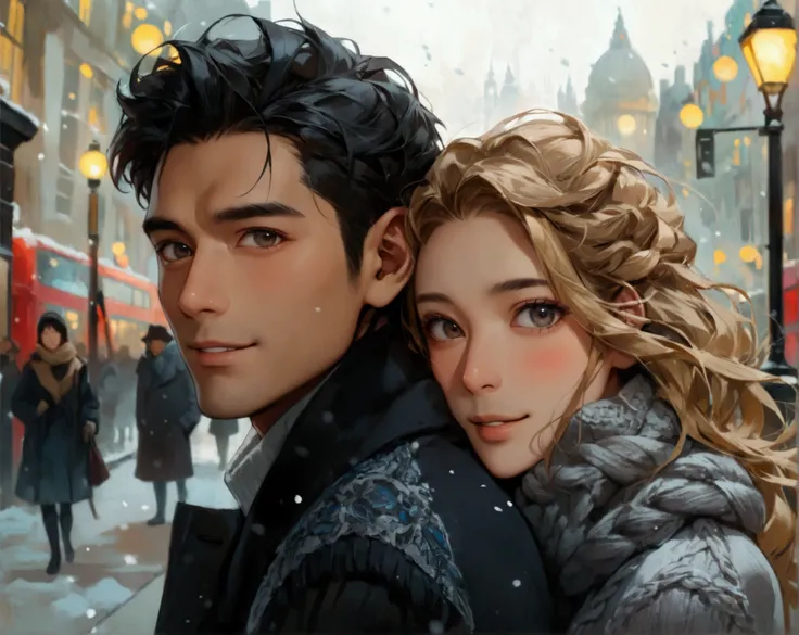 Portray a full shot of an international couple amid Londons winter magic. The couple is looking directly in to the camera exposing their gentle blushes. The couple features an Asian man in his thirties and a white European woman in her twenties. The man ha...