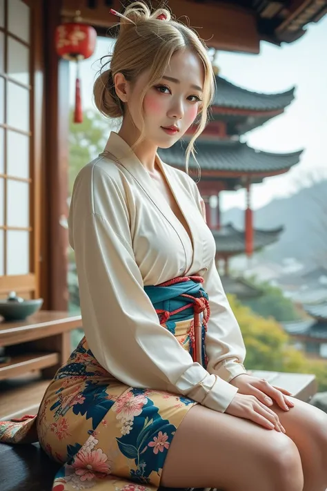 Korean woman, Intimate, face blush, long Tied-up blonde hair, beautiful thighs, feeling satisfied, wearing a skirt, Sitting in a pagoda