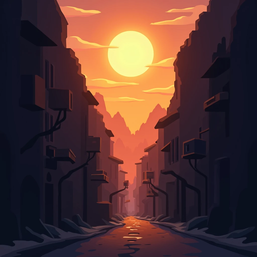 A sun slowly rises ， first illuminates the original dark mountain ， then turns the camera to the city ， rises and turns to the original dark alley ， The sun is set at the end of the rise In the middle of the picture， The background is a lighted alley ， The...