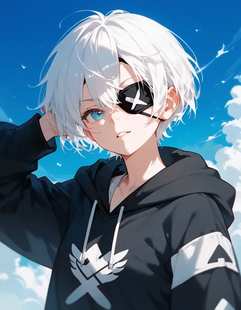 girl,Short hair,White hair, in blue eyes, eyes patch, left eye blind ,Black Long Sleeve Hoodie