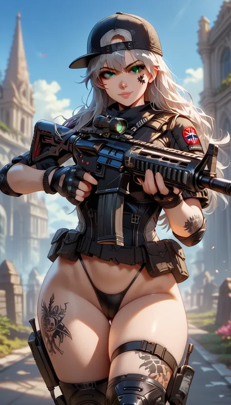 ultra-detailed, 1girl, solo, ((masterpiece)), (best quality), (highres), 16K, black eyes, gray hair, long hair, cap, leg tattoo, wearing tactical gear, fingerless gloves, tactical belt, knee pads, black thong, boots, busty body, large breasts and a beautif...