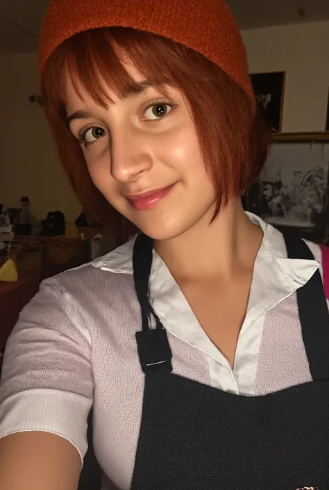 photo of a young girl 20 years old , in a waitress uniform standing in a cafe, Photo up to the waist,  photo like a real , detail, realism, the girl has short red hair 
