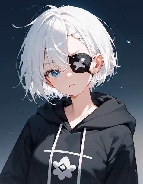 girl,Short hair,White hair, in blue eyes, eyes patch, left eye blind ,Black Long Sleeve Hoodie,cute