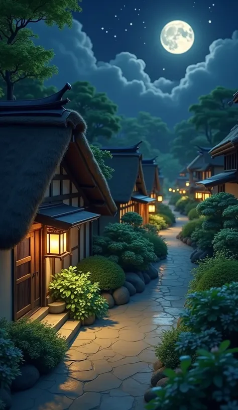 Create a serene nighttime village scene inspired by traditional Japanese architecture. Imagine narrow, winding paths illuminated by soft lantern light, with cozy thatched-roof houses nestled among lush greenery. The moon casts a gentle glow over the peacef...