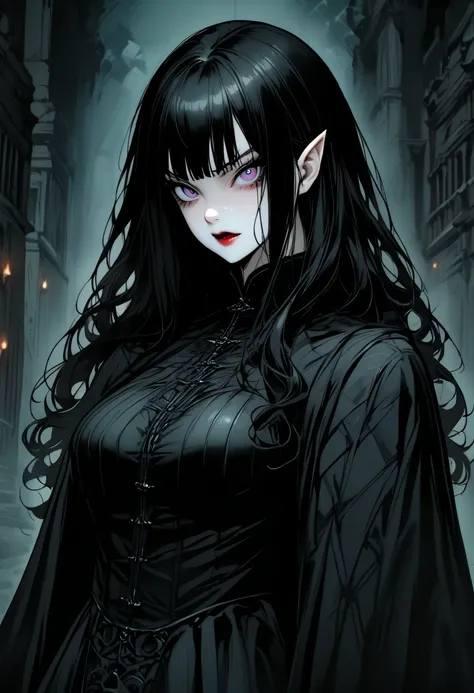 solo, female, loose long black hair, slight hair curls:0.3, straight hair, pale purple eyes, pale skin, vampire, black clothes, fantasy, night, murderous intent, tight practical clothes, sheathed sword, assassin, broad shoulders, fit, elegant, drapes, anci...