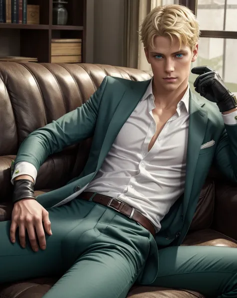 loid_forger, solo, looking at viewer, short hair, blue eyes, blonde hair, shirt, gloves, 1boy, sitting, jacket, white shirt, male focus, black gloves, pants, indoors, spread legs, open jacket, muscular, formal, abs, cat, suit, pectorals, big huge bulge, co...