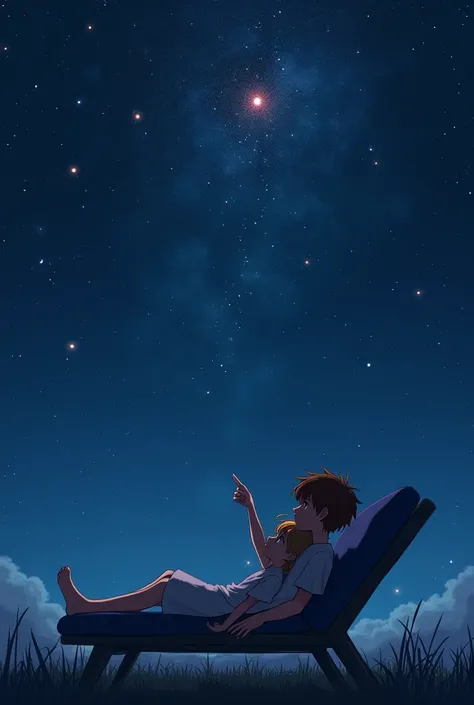  a boy and a girl lie with their backs /Sit down with the camera on a vaulted reclining bench and look at the glowing starry sky in the dark night.  the girl points to the sky and says joyfully “There is the car” .  on the details of the two people are les...