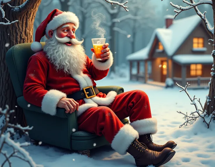 Drunk Santa Claus drinking a cocktail in a winter environment