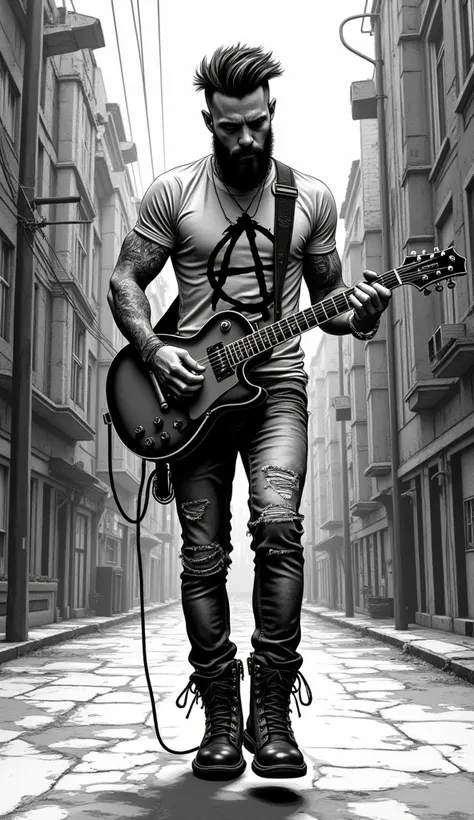 The image shows an ink illustration of a handsome punk man, beard, punk haircut, punk boots, lots of tattoos, ripped jeans and a t-shirt with the "A" for anarchy. He is walking down a strange cubist street, playing an electric guitar. Super resolution, bet...