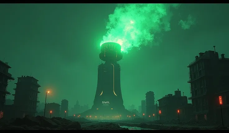 " A device on top of a skyscraper releases a glowing cloud of green particles into the night sky, illuminating the shattered city below ". High resolution,  Precise, 