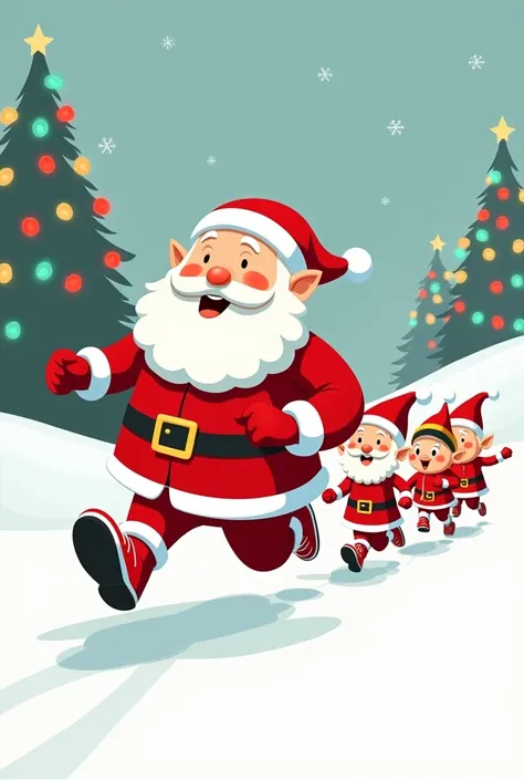  You can please draw a cartoon drawing on a white background of Santa Claus runner,  running with sneakers and behind him ,  Christmas elves running ,  What can be seen in the background with Christmas lights , the vertical image ,  size for an Instagram s...