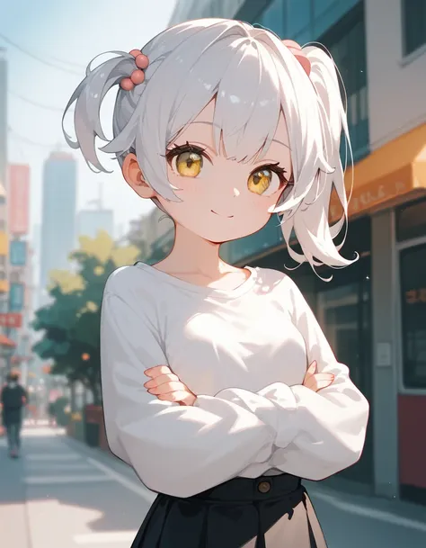  ,Long white hair, small breasts,timid, in yellow eyes,cute, White Peach Long Sleeve Shirt,Black skirt,Side ponytail, with a slight smile, hands crossed,cuteที่สุด,Short hair,In the city