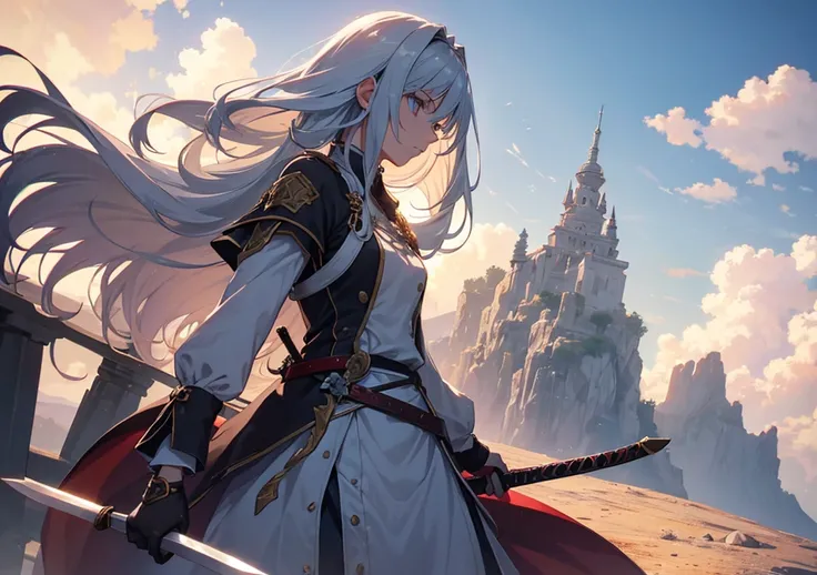 A beautiful swordsman stands on a mountaintop, readying her sword. She is in profile, swinging her sword diagonally, her long silver hair flowing in the wind. Her serious expression as she gazes upon an enemy in the distance is striking. Behind her, the mo...