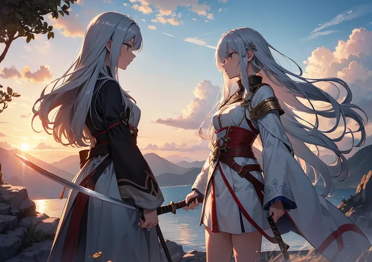 A beautiful swordsman stands on a mountaintop, readying her sword. She is in profile, swinging her sword diagonally, her long silver hair flowing in the wind. Her serious expression as she gazes upon an enemy in the distance is striking. Behind her, the mo...