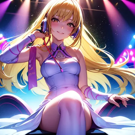 1_girl,solo, anime girl, santa dress, headphones,DJ turntable set,club lighting,stage,confetti,dancing,smiling,(best quality:1.2),(ultra-detailed:1.2),(realistic:1.37),HDR,vivid colors,portraits,headphone girl,energetic pose,colorful lights,stage set,confe...