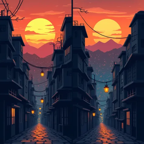 1st image ，A sun slowly rises ， Illuminate the originally dark mountains 。
 2nd image ，A sun slowly rises ， Illuminates the city full of tall buildings at night 。
 3rd image ， Dark alleys 。
 4th image ， The sun is fixed in the center of the picture ， The b...