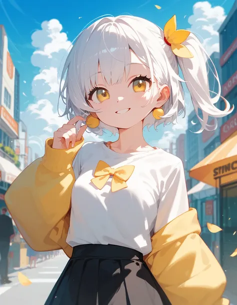  ,Long white hair, small breasts,timid, in yellow eyes,cute, White Peach Long Sleeve Shirt,Black skirt,Side ponytail, with a slight smile,cuteที่สุด,Short hair,In the city,