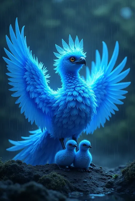 a beautiful blue lighted bird save his s from rain 