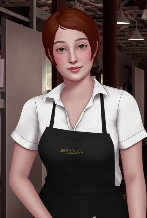 photo of a young girl 20 years old , in a waitress uniform standing in a cafe, Photo up to the waist,  photo like a real , detail, realism, the girl has short red hair 
