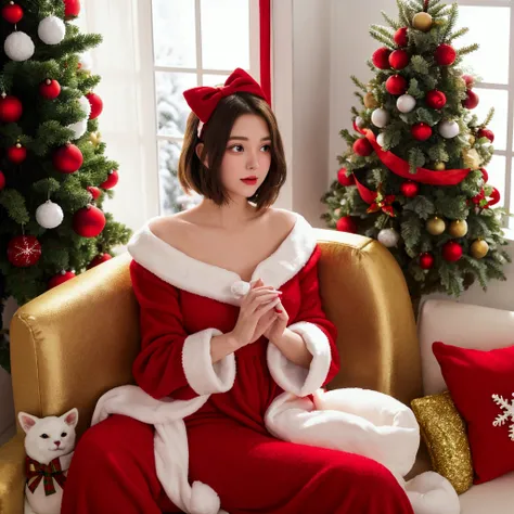 "A young woman in a cozy Christmas setting, with a gentle and charming expression. She wears a red Santa-style dress with white fur details and festive accessories, such as green bows and shiny ornaments. Her short brown hair is adorned with small Christma...