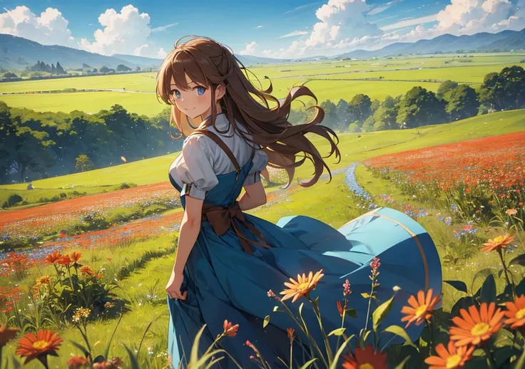 An archer stands in a grassland, looking back and readying her bow. Her soft chestnut hair flutters in the wind, and her smiling face expresses both kindness and strength. The background features blooming wildflowers and a vast blue sky, evoking an adventu...