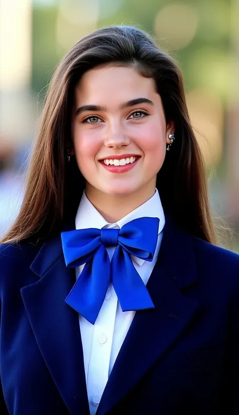 The image is a high-resolution photograph featuring a beautiful teenage movie star Jennifer Connelly., she has youthfully succulent fair skin and long straight dark hair., she wears clean neat high school of dark blue blazer uniform with blilliant blue bow...