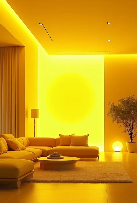 Pure Yellow modern luxury living room with futuristic lighting 
