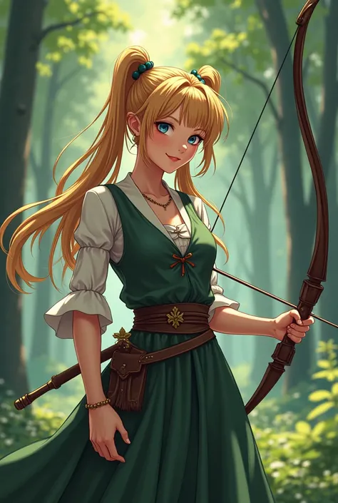  30-year-old archers apprentice , 30 years old, very beautiful and smiling .  definition ,  with a seductive look ,  Their clothes fit perfectly to her curvilinear body to the bow , In a position to throw , light skin,  of golden hair very long to the hips...