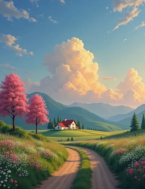 Create a serene landscape painting featuring a winding dirt path through vibrant fields of flowers in shades of pink and white. Include two flowering trees with vivid pink foliage on either side of the path. In the distance, depict rolling mountains bathed...