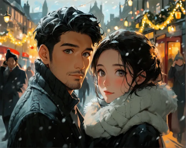 Portray a full shot of an international couple amid Londons Christmas magic. The couple is looking directly in to the camera exposing their gentle blushes. The couple features an Asian man in his thirties and a white European woman in her twenties. The man...