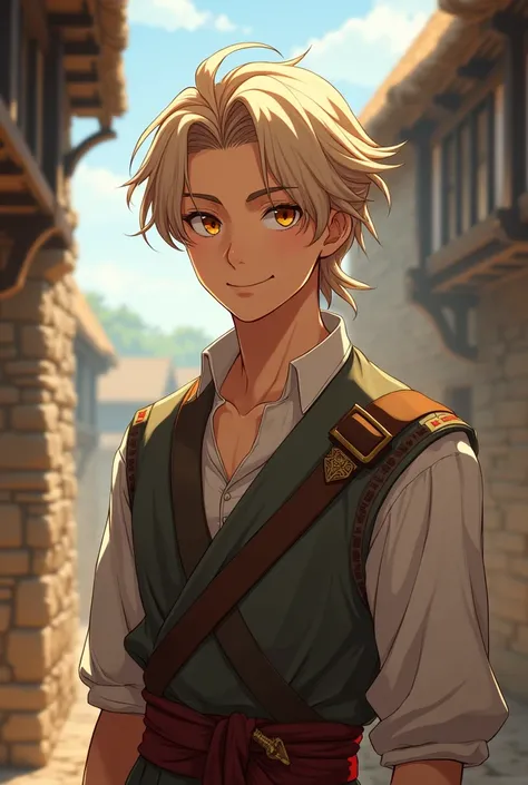  Young adult male, Tall friendly , with ash-blond hair ,  honey-colored eyes , medieval slave , anime