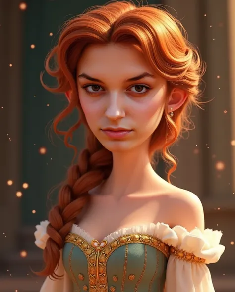 Modify the provided image of a girl to resemble Anastasia from the animated movie Anastasia. Give her auburn hair styled in a loose updo with tendrils framing her face, large expressive blue eyes, and soft, delicate features. Dress her in a regal, off-the-...