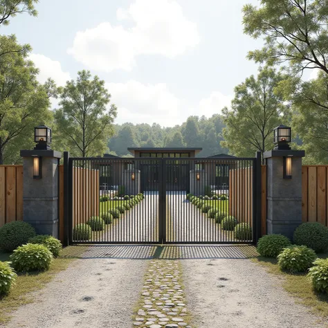  access for entry and exit of cars with security gate to aquatic center with rustic country style, with high height , low steel gate , gravel road or cobblestone  