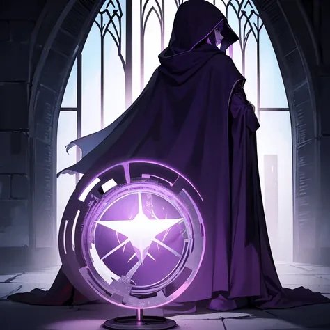 A hooded woman with dim purple hair is using the shadows to cover herself, the woman wears a vlack cloak and has magical thread hanging from her slender fingers, the woman appears to be mature and reclusive and has turned her back to the viewer. 