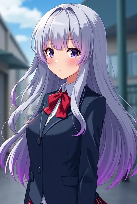 Make a full-bodied character from My Here Academy with  LONG silver hair with purple highlights at the tips and her slightly violet eyes with black pupils with a U uniform.A high school do anime my hero academy 