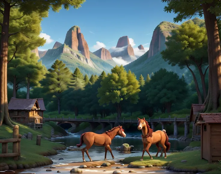 the forest, Beasts, cute,  high quality,  masterpiece fails, battle centaur ,  mountains in the background, a river, bridge