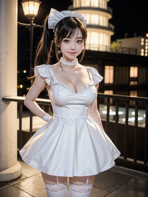 Japandish girl, pale white skin, small hazel eyes, cute, small high nose bridge, juicy lips, ree hair,  ponytail hair with bang,  big breast, standing on front building  , full body photoshot , smiling face , at night , there is a woman in a short white dr...