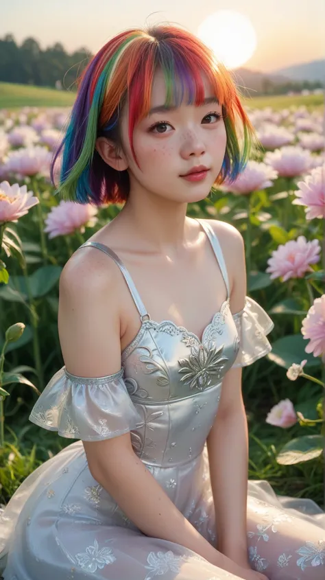  An Asian girl sitting in a flower field,  short rainbow hair , very pretty,  extremely small breasts,  very small and thin body, slightly marked bones , Small angelic face, She is very thin and small, very fine features and white skin , 8k super detailed ...