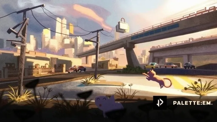 A painterly concept art scene with a loose, impressionistic style and vibrant brushstrokes. In the foreground, a playful cat is leaping, interacting with dandelions swaying in the wind. A nearby line of cars, slightly blurred but distinct in form, moves al...