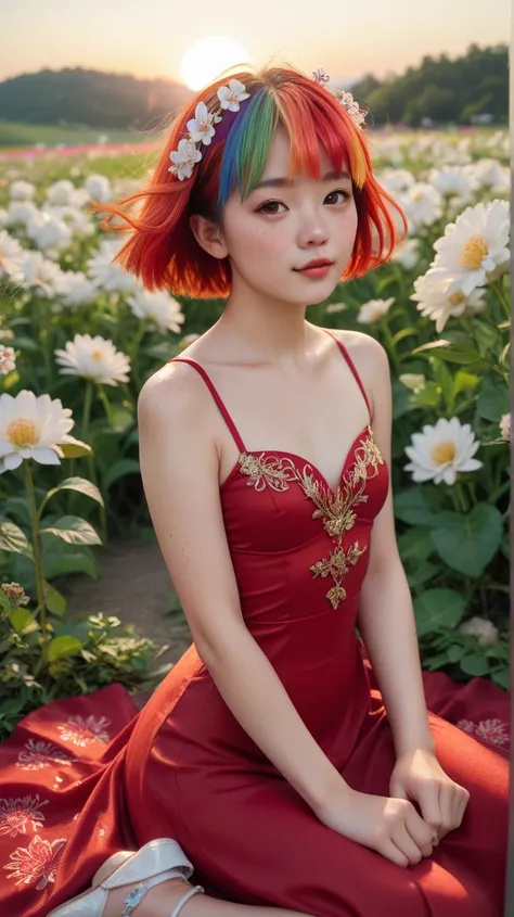  An Asian girl sitting in a flower field,  short rainbow hair , very pretty,  extremely small breasts,  very small and thin body, slightly marked bones , Small angelic face, She is very thin and small, very fine features and white skin , 8k super detailed ...