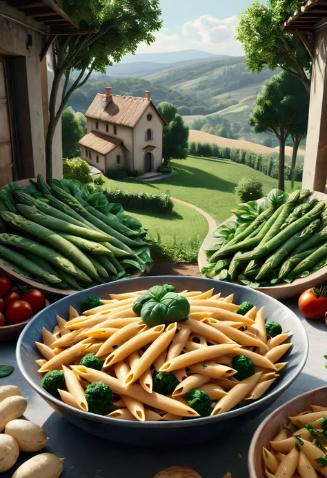 a detailed penne pasta landscape, a giant bowl of penne pasta, intricate penne pasta formations, realistic penne pasta structures, detailed penne pasta foliage, photorealistic penne pasta scenery, incredibly detailed penne pasta textures, exquisite penne p...