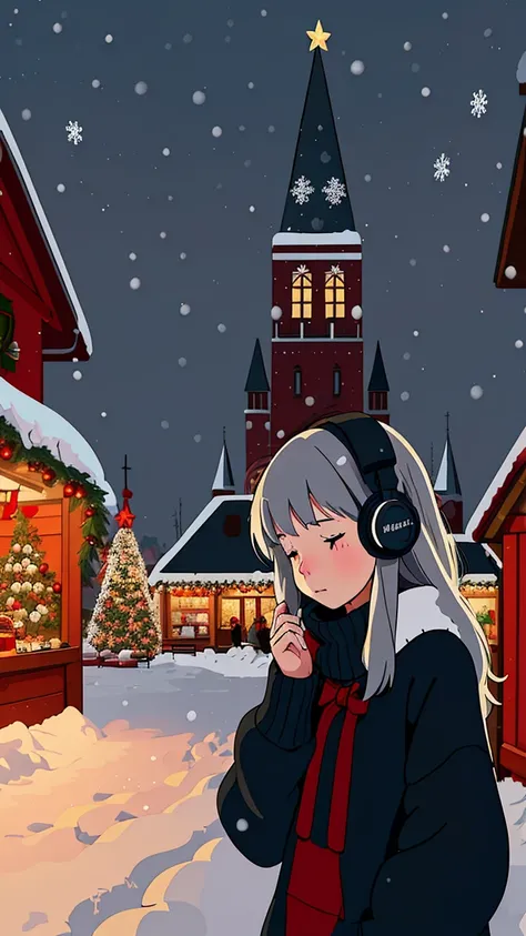 Woman wearing headphones, snowy day, Christmas market, looking at distant scenery,Christmas market atmosphere, long hair, gray hair, wide-angle lens, snowy day, lo-fi anime, lo-fi illustration, aesthetic atmosphere, lo-fi style, vector art, flat design, si...