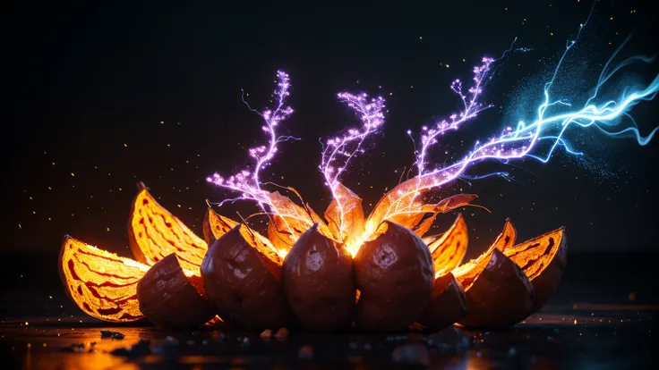  Kirlian pictures of roasted sweet potatoes、Tsuruga-no-taku 、Kirlian photograph of a blue plasma 、beautiful、 mysterious in another dimension、 black background、(( top quality)), ((masterpiece)), ( Details),  best quality,  super high resolution, ( Photoreal...