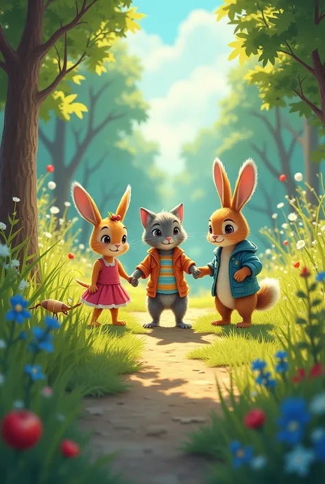 Once upon a time in a colorful meadow, there lived three friendly animals: Alice the ant, Benny the bunny, and Charlie the cat. They were the best of friends, always exploring the meadow together.

One sunny day, they decided to go on an adventure to find ...