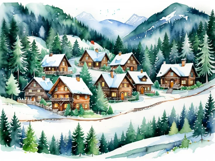 Ink and watercolour illustration. Quaint village of log cabins in a forest of evergreen trees. Snowy environment with a heavy Christmas aesthetic