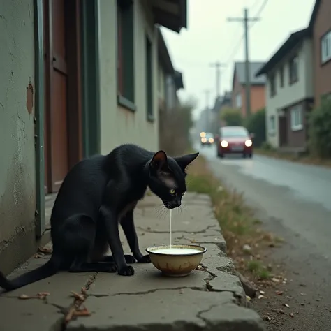 Poor black l cat drink milk, outside the owner door, cars, road