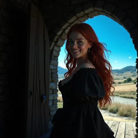 ((highest quality)), ((masterpiece)), (in detail) Dark fantasy, a beautiful young woman with long red hair stands in the doorway (accent on her face, a woman smiles warmly,a long historical dress), dark room in a stone medieval tower (wooden floor, door to...