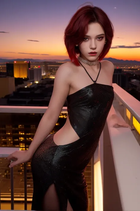 (photorealism:1.2), one 11yo euro beautiful twink sissy young boy, he wearing beautiful makeup, The image shows a young boy standing on a balcony overlooking a night city, he outfits tight red symbiote carnage , hair styled long bob cut, The boy is looking...