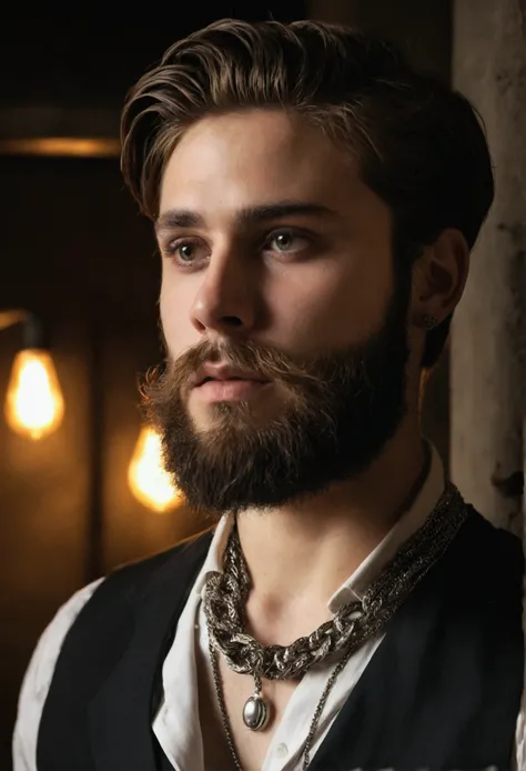 a young man in his 20s with a realistic dirty beard, who is not very muscular, has a necklace around his neck that will impress women, and in a dim environment